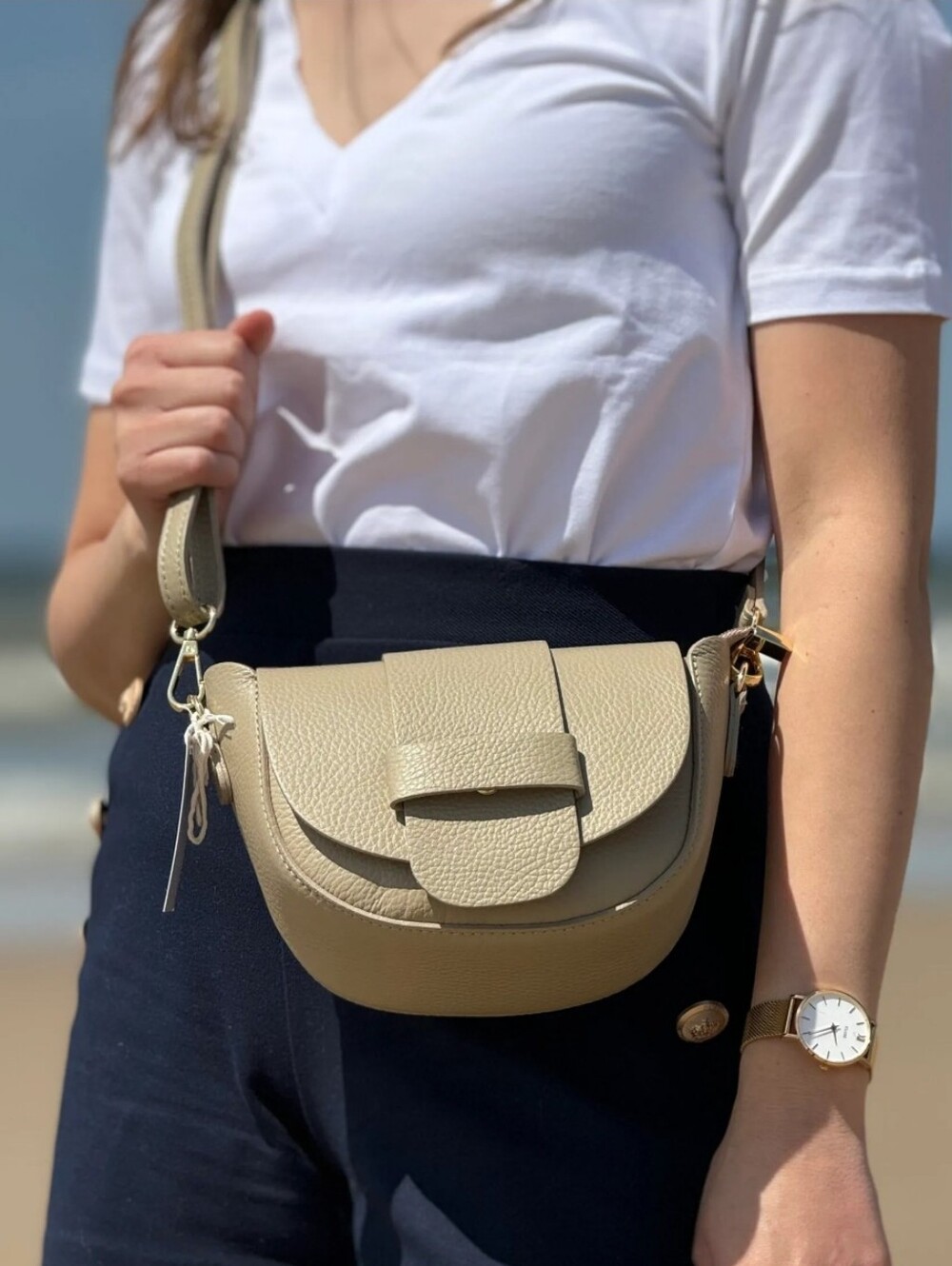 Italian Leather Bag Beige Brown Crossbody Bag